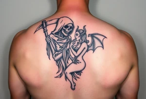 Grim reaper in love with female demon tattoo idea