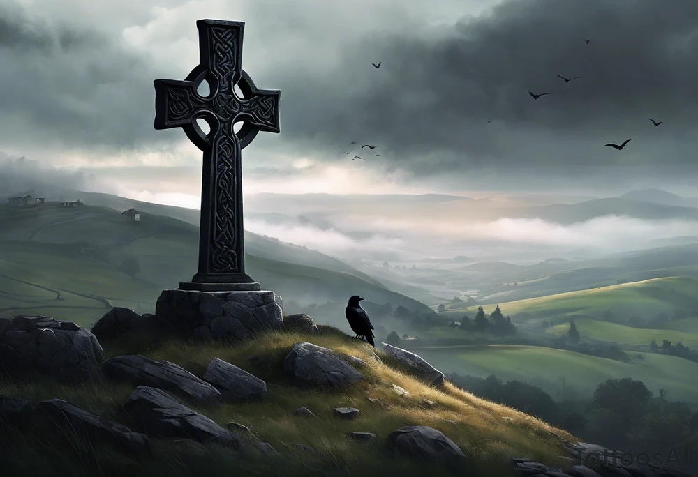 A stone Celtic cross solemnly standing atop a hill, a raven perches atop the cross staring out over the desolation. A ruined stone wall lies crumbling near the cross. Mist rolls along the hilltops adding to the melancholic nature of the scene tattoo idea