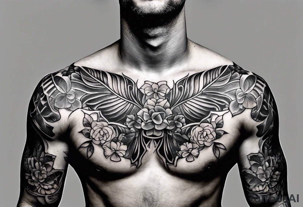 mens chest tattoo with 4 leaf clovers on the collar bone, stripes on the shoulders and two faces on in the middle with shading tattoo idea