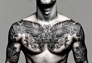 mens chest tattoo with 4 leaf clovers on the collar bone, stripes on the shoulders and two faces on in the middle with shading tattoo idea