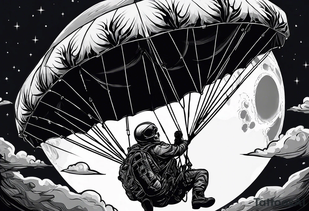 Parachutist undet canopy in front of a full moon. The moon looks like a skull tattoo idea