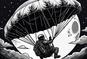 Parachutist undet canopy in front of a full moon. The moon looks like a skull tattoo idea