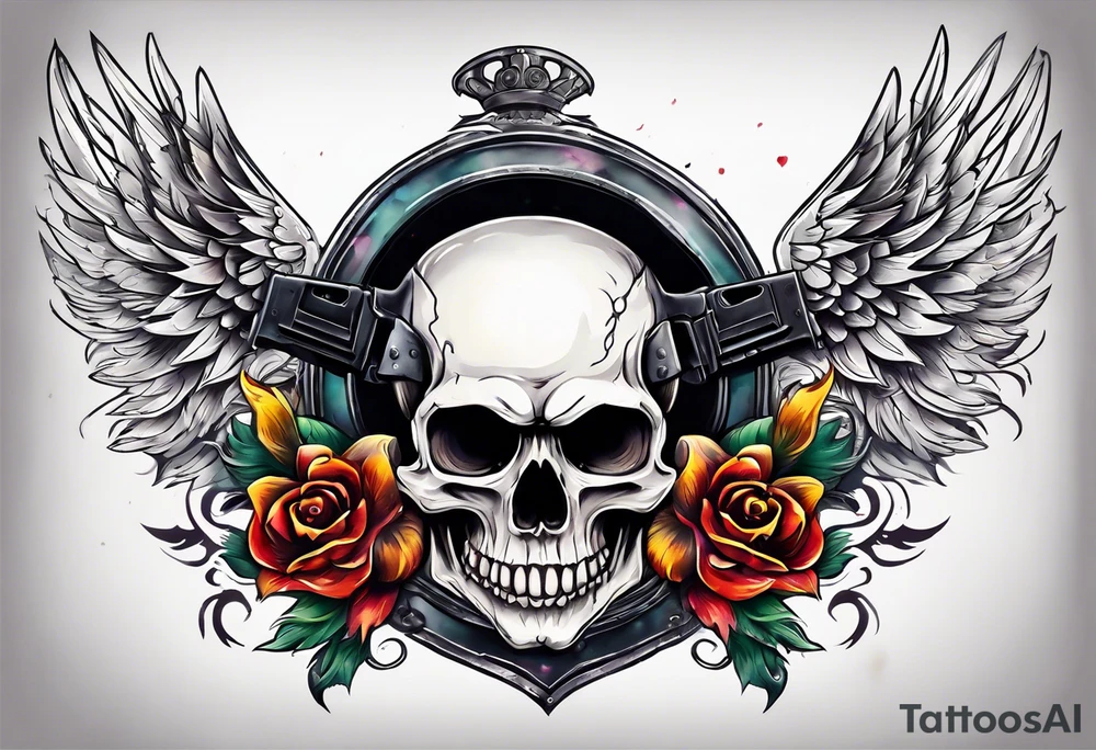 skull with a gun dominated by a  heart with wings and  flames coming out of the top of it tattoo idea