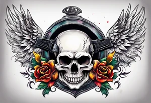 skull with a gun dominated by a  heart with wings and  flames coming out of the top of it tattoo idea