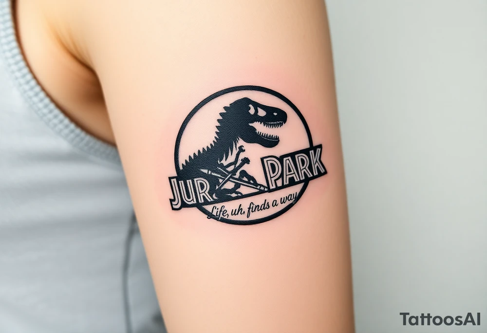 Jurassic Park inspired logo with the dinosaur holding a big stick but with "Life, uh, finds a way" instead of the words "Jurassic Park" tattoo idea