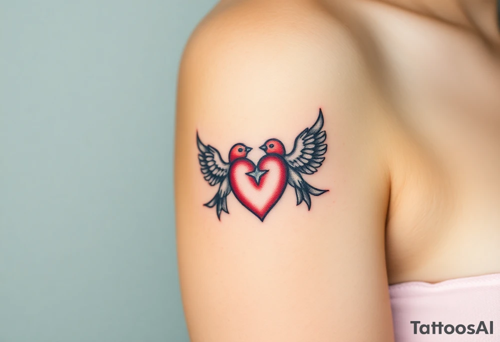 dainty sacred heart with two birds tattoo idea