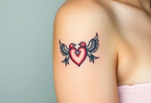 dainty sacred heart with two birds tattoo idea