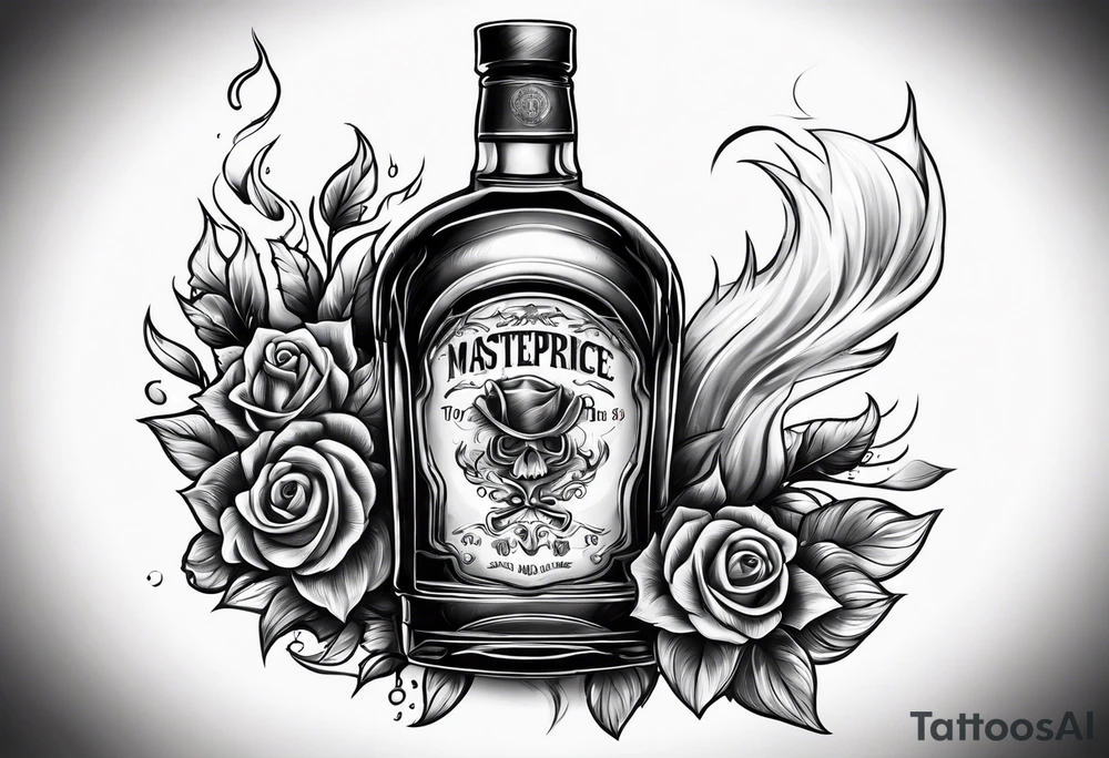 Flaming rag hanging out of whiskey bottle tattoo idea