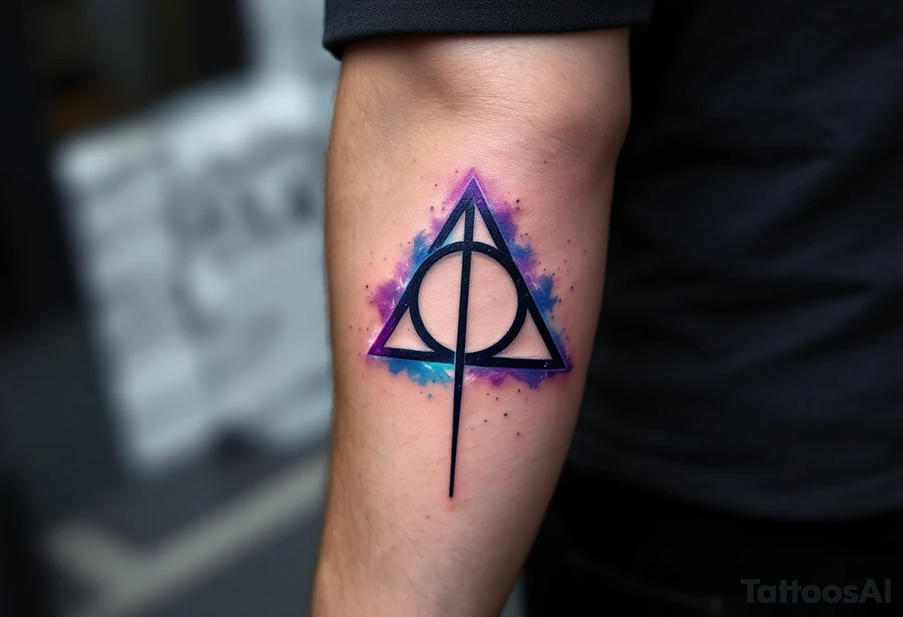 A detailed Deathly Hallows symbol (triangle, circle, and line) with a soft effect around it in deep blue and purple hues, giving it an ethereal and magical feel, symbolizing the power of the three legendary objects. tattoo idea