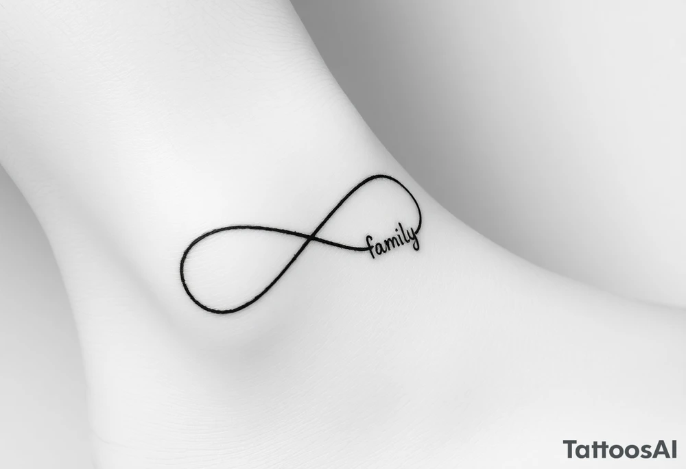 A minimalist infinity symbol composed of thin, intersecting lines, with the word "family" subtly incorporated along the curve in a contemporary font tattoo idea