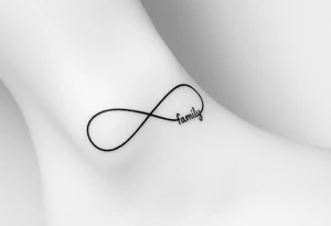 A minimalist infinity symbol composed of thin, intersecting lines, with the word "family" subtly incorporated along the curve in a contemporary font tattoo idea