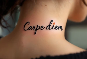 A small black handwritten "Carpe Diem" with a flickering orange flame dotting the “i." in the back of a neck. tattoo idea