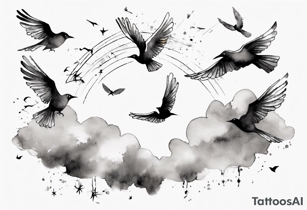 a shoulder tattoo with rays of light, clouds and birds flying free tattoo idea