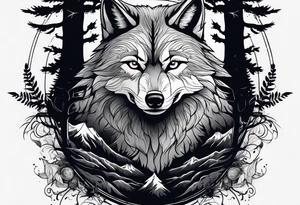 A Wolf and a raccoon are fighting
A crow ist watching them
Background Woods tattoo idea