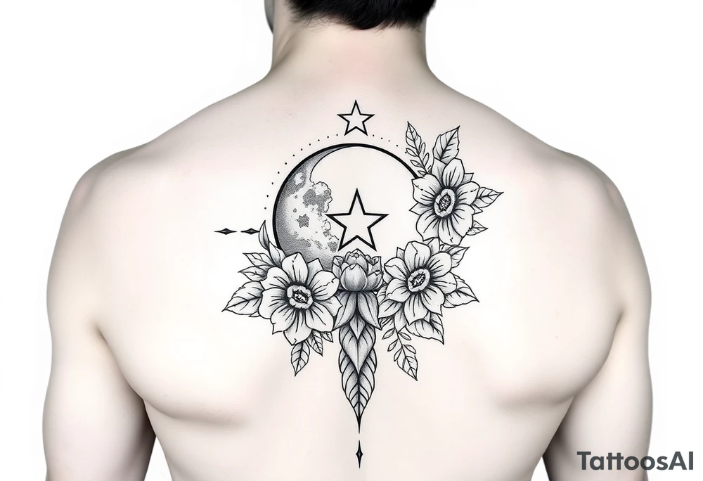 Flower sleeve surrounded by moon and star design for arm tattoo idea
