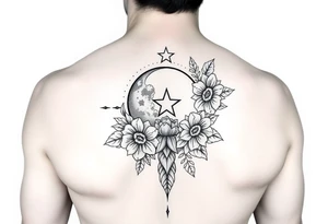Flower sleeve surrounded by moon and star design for arm tattoo idea