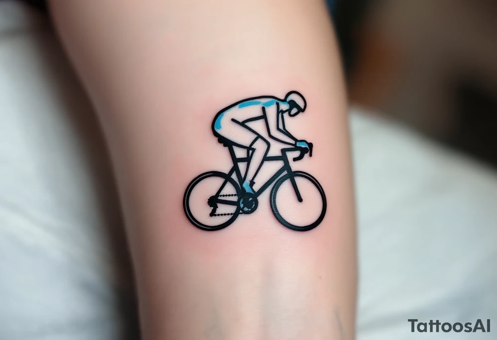 A minimalist line-art cyclist, drawn in a single continuous stroke in black ink with subtle blue highlights for depth. tattoo idea