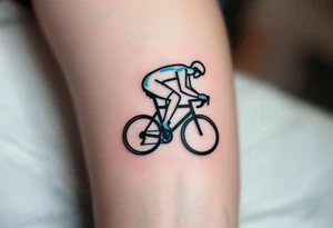 A minimalist line-art cyclist, drawn in a single continuous stroke in black ink with subtle blue highlights for depth. tattoo idea