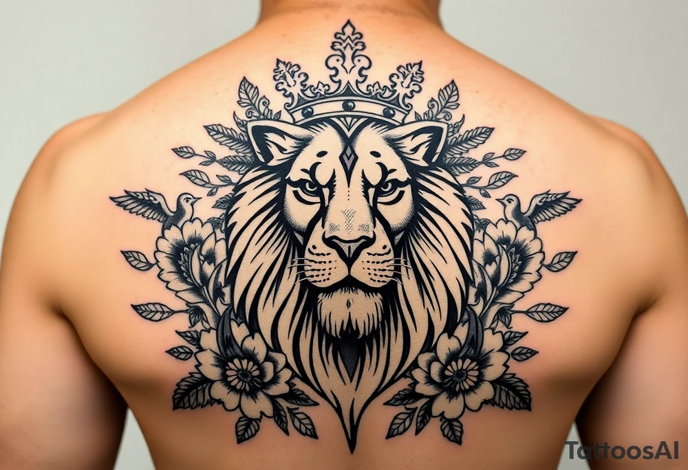 powerful majestic lion with a crown, surrounded by floral ornaments and birds tattoo idea