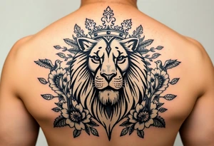 powerful majestic lion with a crown, surrounded by floral ornaments and birds tattoo idea