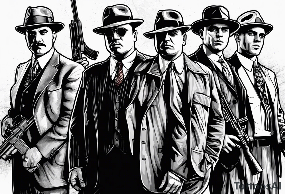 group of gangsters standing together including Al Capone, John Dillinger, Machine Gun Kelley, Bonnie and Clyde along with tommy guns tattoo idea
