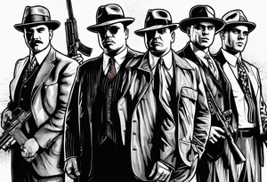 group of gangsters standing together including Al Capone, John Dillinger, Machine Gun Kelley, Bonnie and Clyde along with tommy guns tattoo idea