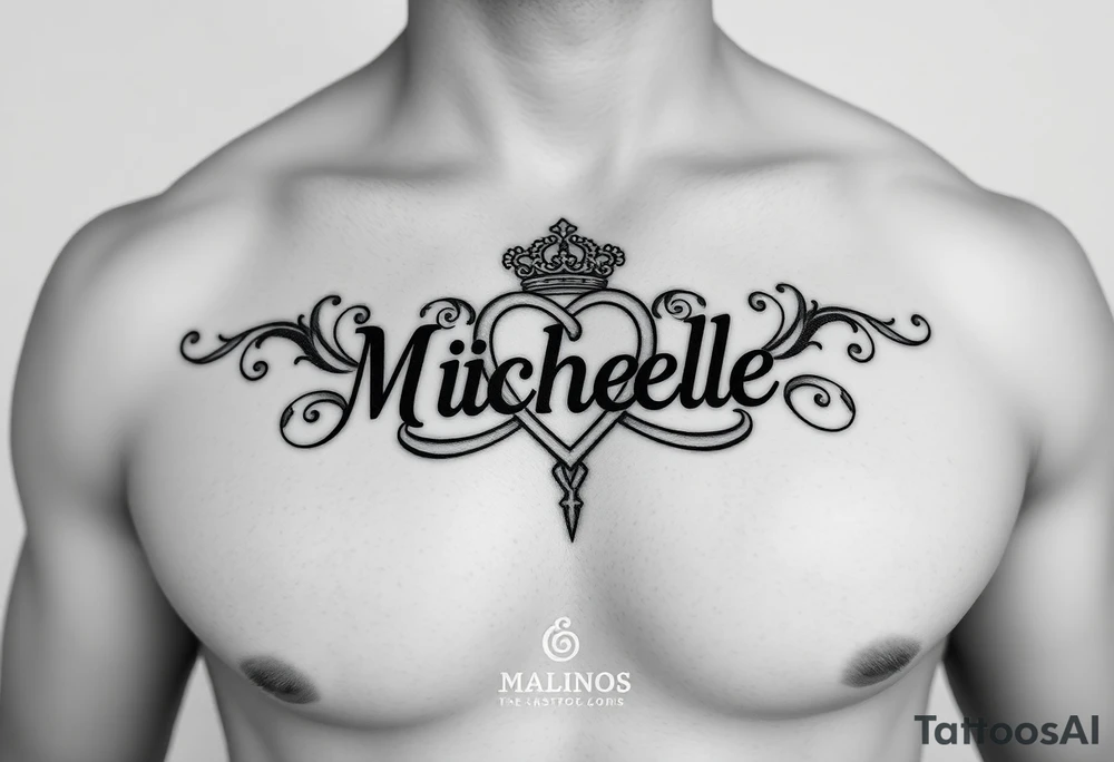 Create a tattoo on a man’s chest of the name Michelle. Celtic claddagh tattoo idea