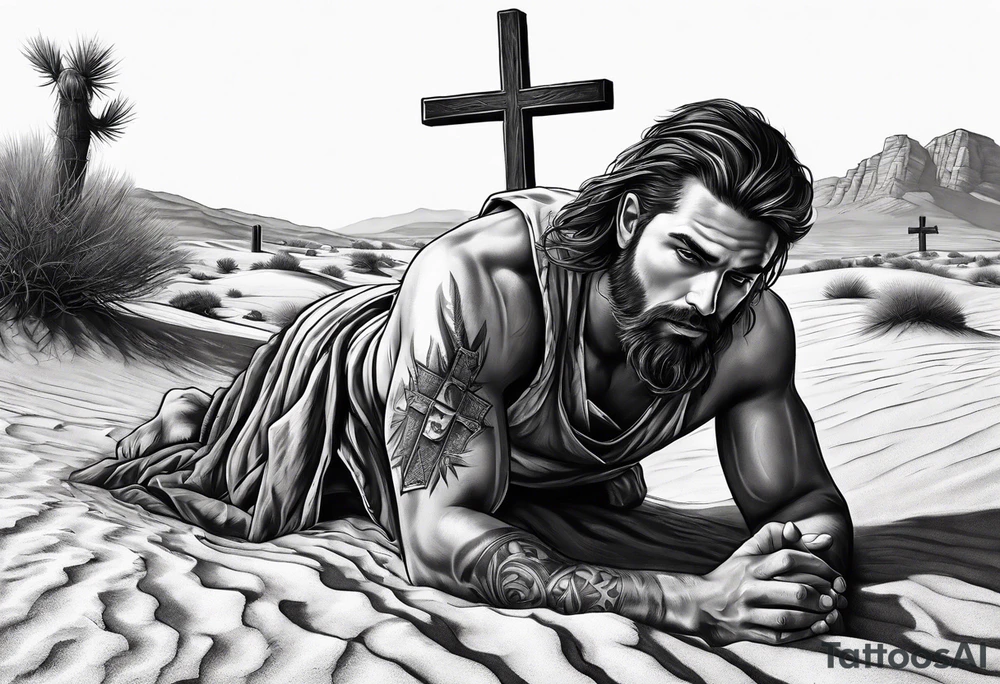 man crawling in a desert toward the cross of Christ tattoo idea
