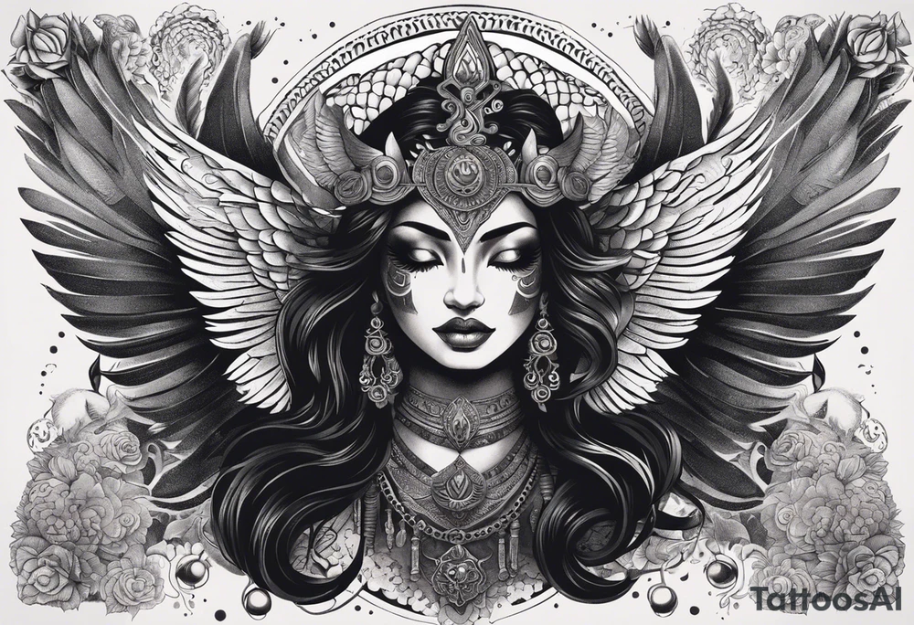 black kali, goddess pirate, alien, angel, pachamama, valkrye, warrior, flying, skull, lotus azul, wing, eagle, zenza resonance, stars, 5D, anahata chakra, death, durga, riding on a tiger, flying lady, kundalini, chest tatoo, samuri, rebel,s erpent tattoo idea