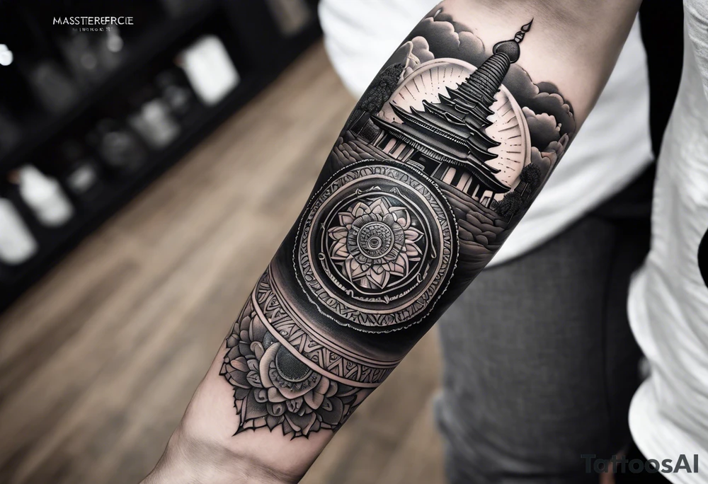 The back of a forearm tattoo with the background as a world map surrounded by a mandala with a Buddhist stupa at the bottom tattoo idea