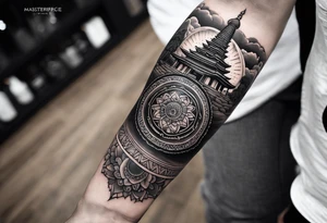 The back of a forearm tattoo with the background as a world map surrounded by a mandala with a Buddhist stupa at the bottom tattoo idea