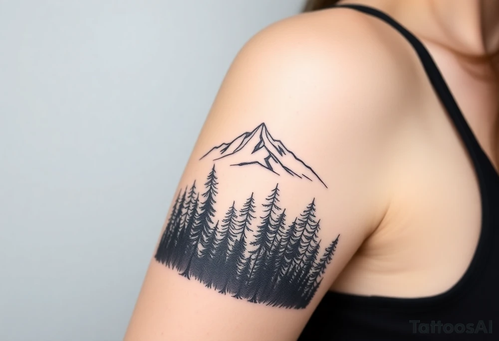 A minimalist tattoo of a forest with tall, slender trees leading toward a mountain range in the distance. The forest is dense at the bottom, filled with intricate fine lines, while the mountains gradually become more defined and detailed as they rise above the trees, representing the path out of struggle and into a clearer future. The tattoo could symbolize both the emotional journey of Exile and the hope and resolution in Out of the Woods tattoo idea