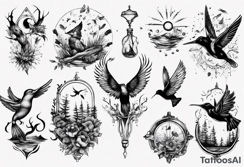 Wasser, Nymphe, Fisch, Hirsch, Wald, Waffe, Sonne, Kolibri tattoo idea