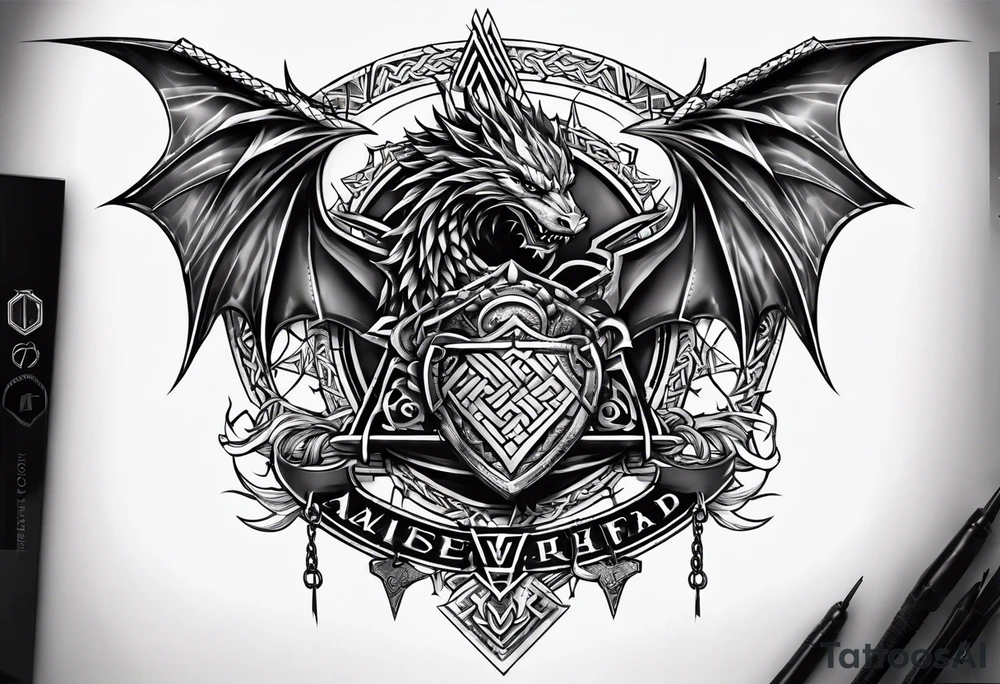 Valhalla sword shield dragon axe Valknut barbed wire chains tribal tattoo idea