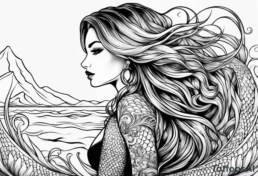sexy full bodied mermaid with flowing tail and hair, tattoo sleeve tattoo idea