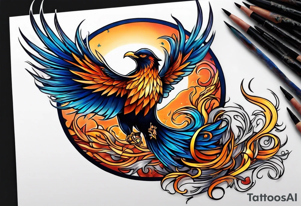 phoenix sur une lune bleu tattoo idea