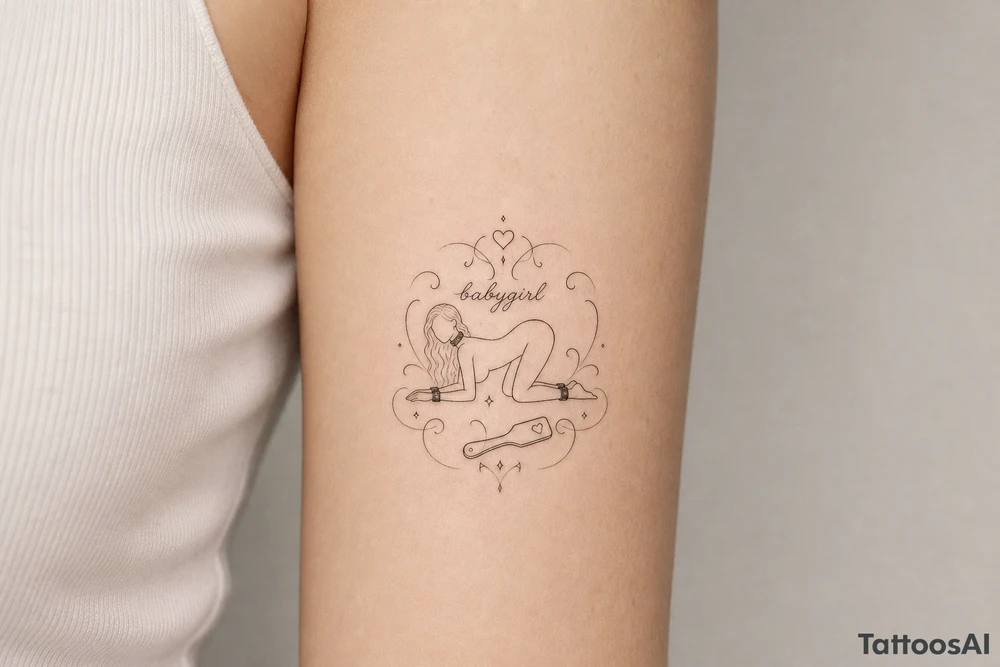 A tattoo for a submissive named babygirl, with padded cuffs, a collar, a paddle, and a minimalist line art female form that is kneeling and prone. tattoo idea