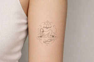 A tattoo for a submissive named babygirl, with padded cuffs, a collar, a paddle, and a minimalist line art female form that is kneeling and prone. tattoo idea