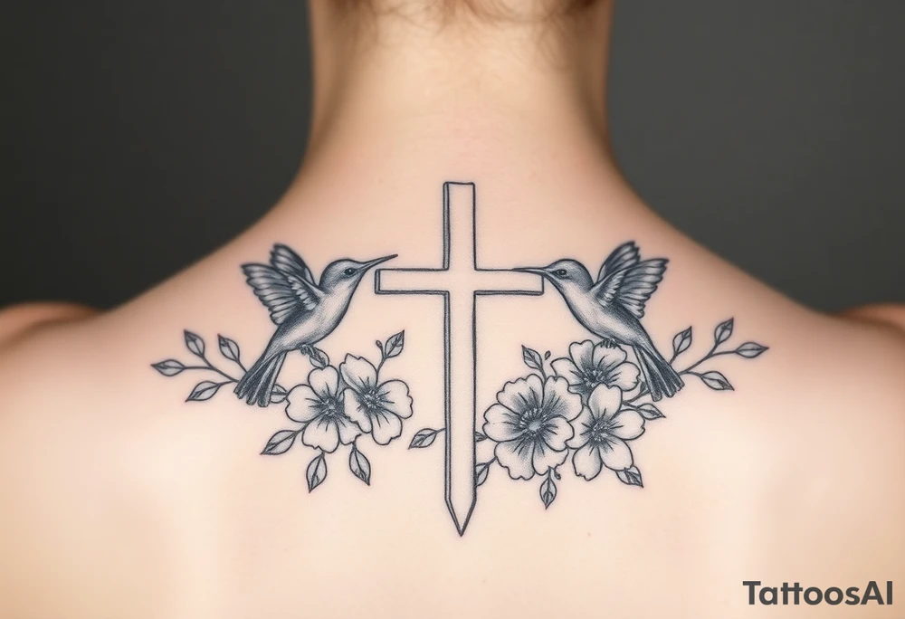 cross surrounded by hummingbirds and flowers tattoo idea