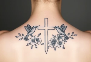 cross surrounded by hummingbirds and flowers tattoo idea