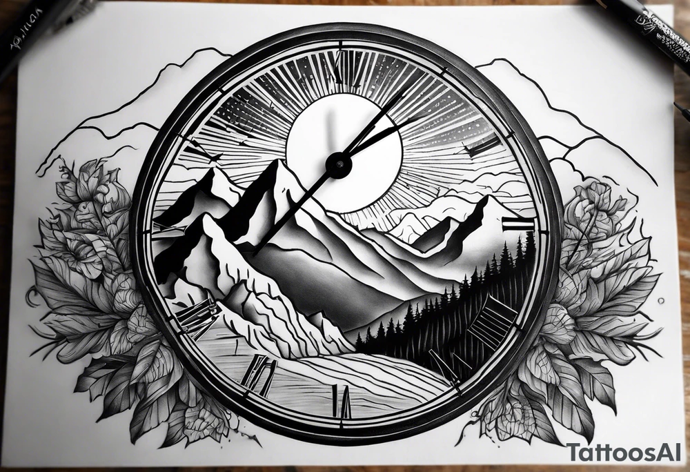 Half sleeve. View from the base of the mountains looking up to the sun. The sun is a clock that reads 12:01 to signify a new day. I want a clock tower in the middle of the mountains with the times my two sons were born. This tattoo represents overcoming massive obstacles and becoming a better person. tattoo idea