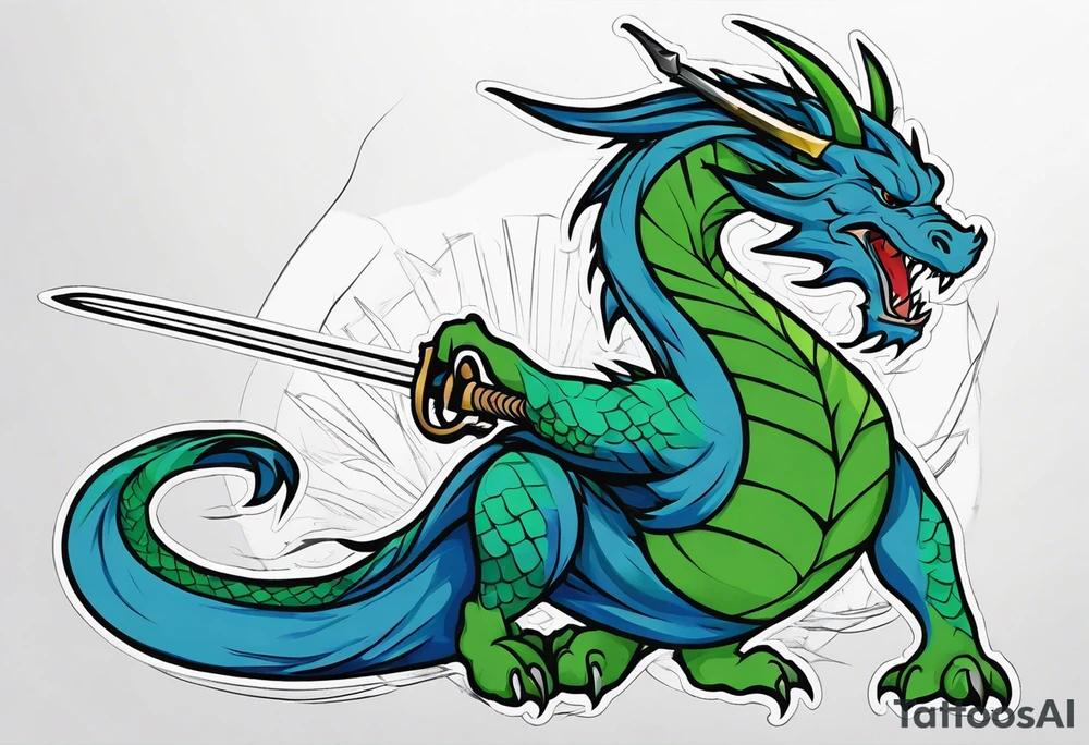 Blue and green dragon with a katana sword tattoo idea