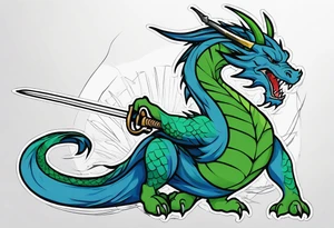 Blue and green dragon with a katana sword tattoo idea