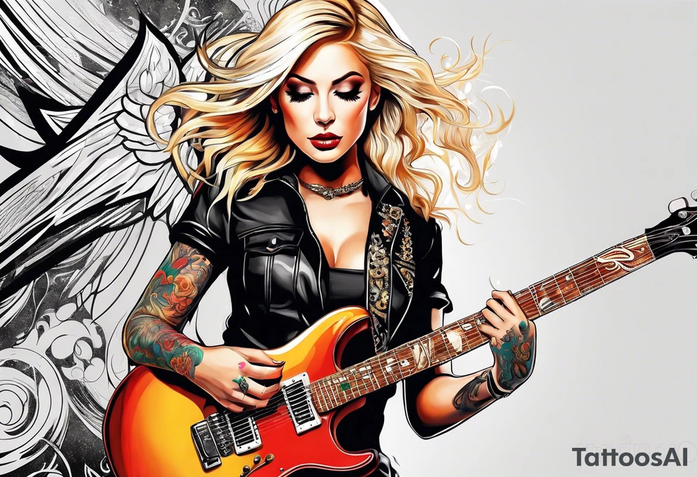 blonde female rock star guitar player black clothes with fire tattoo idea