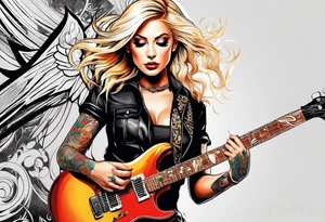 blonde female rock star guitar player black clothes with fire tattoo idea