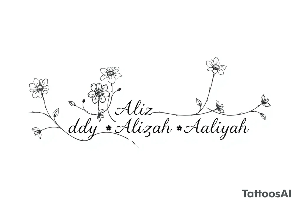 mother of 3 girls flowers stem curves name of Addy, Alizah, Aaliyah tattoo idea