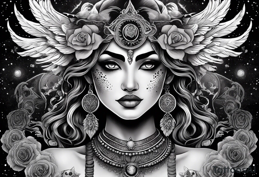 black kali, goddess pirate, alien, angel, pachamama, valkrye, warrior, flying, skull, lotus azul, wing, eagle, zenza resonance, stars, 5D, anahata chakra, death, durga, riding on a tiger, flying lady, kundalini, chest tatoo, samuri, rebel,serpent tattoo idea