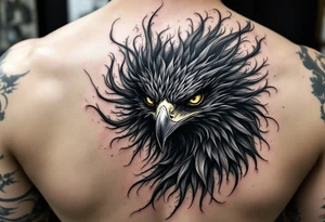 A sharp black hawk with piercing golden eyes, its feathers turning into swirling shadows, representing survival and fearlessness. tattoo idea