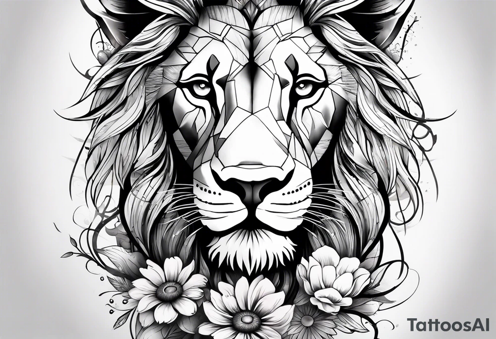 Sleeve tattoo lions head, compass, topete, daisy flower tattoo idea