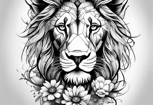 Sleeve tattoo lions head, compass, topete, daisy flower tattoo idea